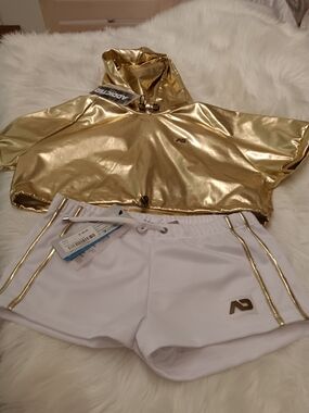 Athletic Gold-Trim White Women’s Shorts And Gold Draw String Hoodie